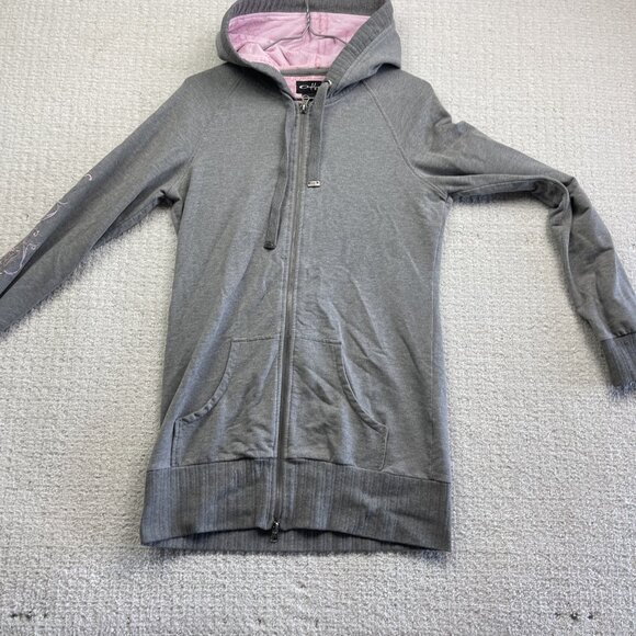 Y2K Oakley Full Zip Hoodie Wom MGrey / Pink Flower Sleeve AOP Boho Hooded Strech - Picture 12 of 16
